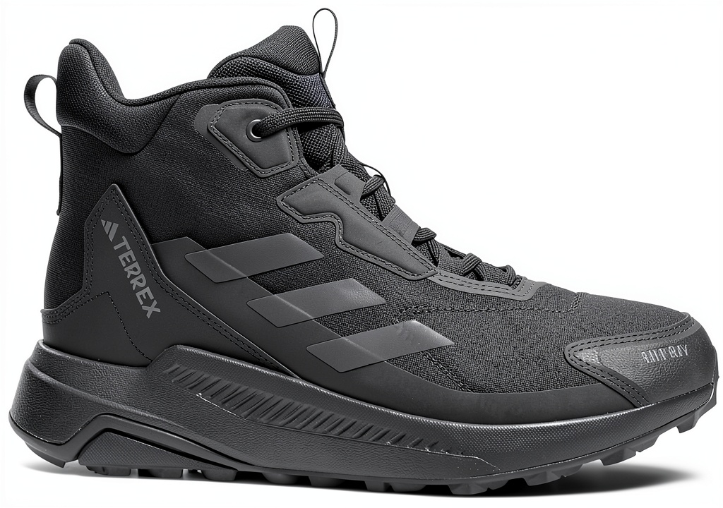 adidas Mens Waterproof Hiking Shoes being laced up on a wooden bench