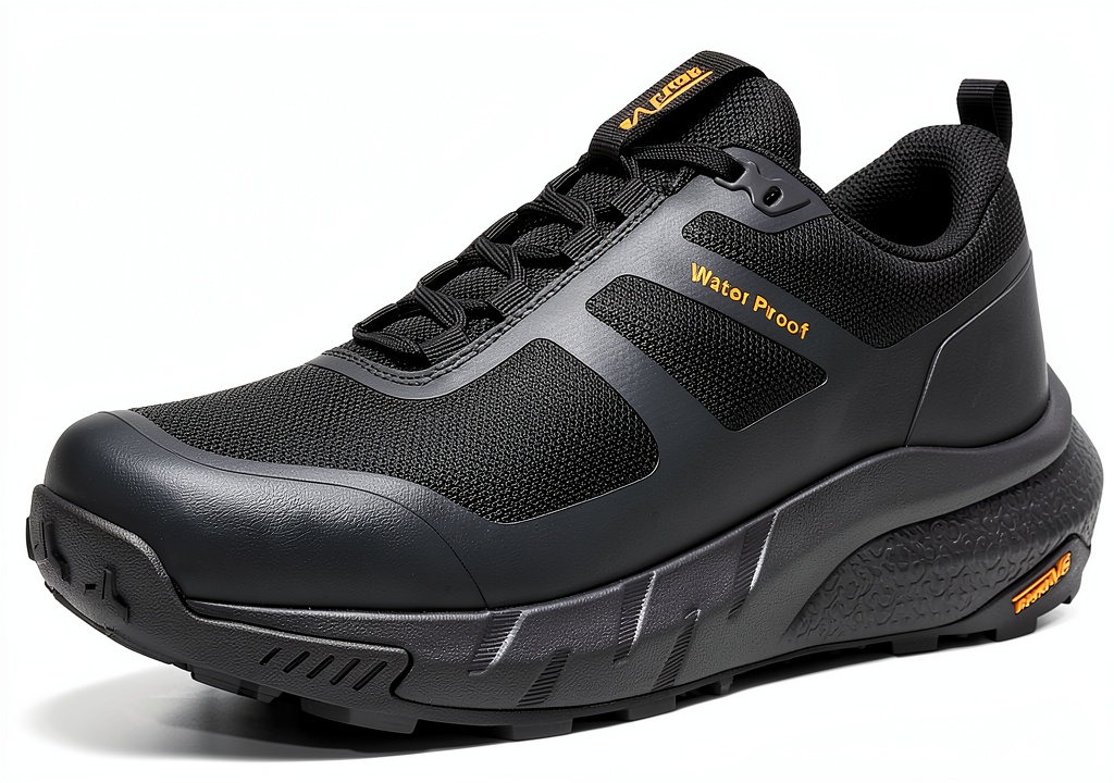 Men's hiking shoes on a rocky trail showcasing waterproof design
