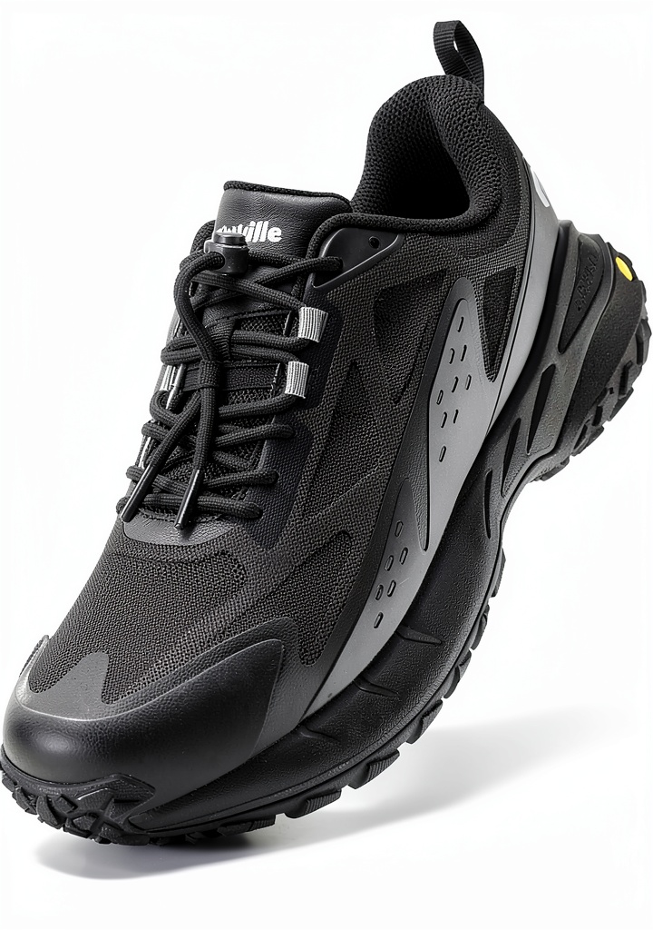 Mens Hiking Shoes Non‑Slip Traction Wide Toe Box Arch on a rocky trail showing deep‑lug outsole and wide toe box