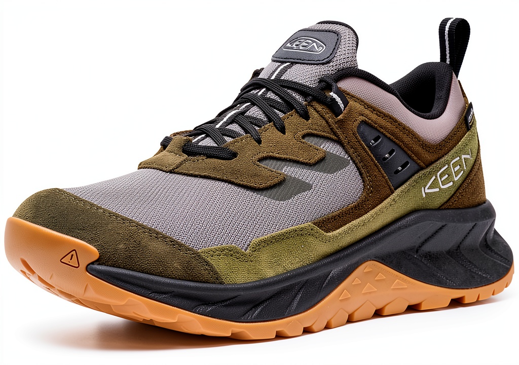 KEEN Mens Hiking Shoes Waterproof Leather Traction Support unboxed on a wooden table