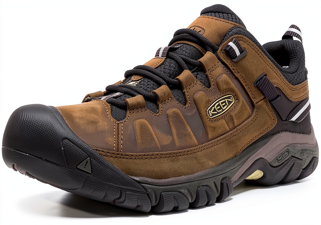 Installing KEEN Mens Hiking Shoes Waterproof Leather All Terrain on a wooden desk