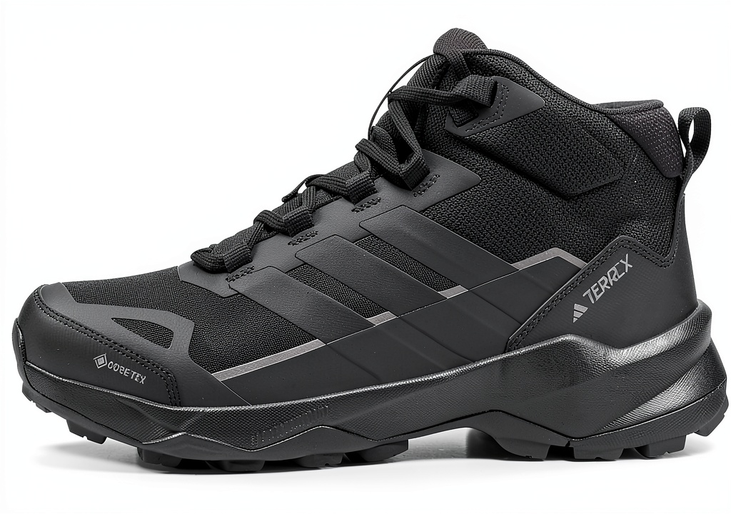 adidas hiking boots on rocky trail showing waterproof construction