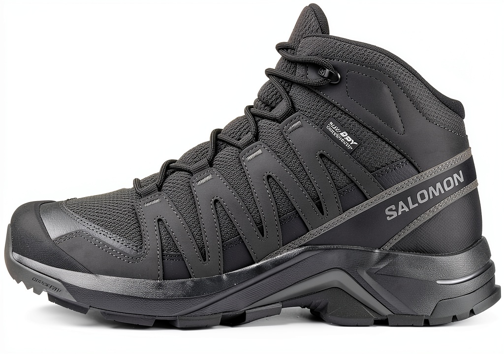 Salomon X-Adventure Recon Mid hiking shoes on a rocky trail