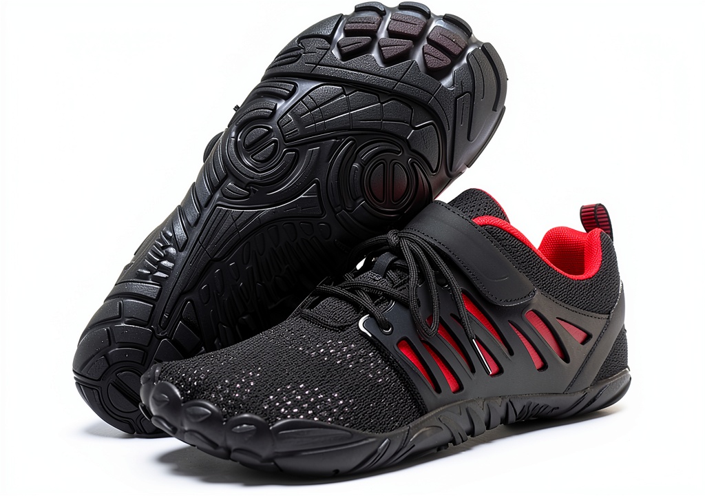 Mens barefoot hiking shoes on a rocky trail