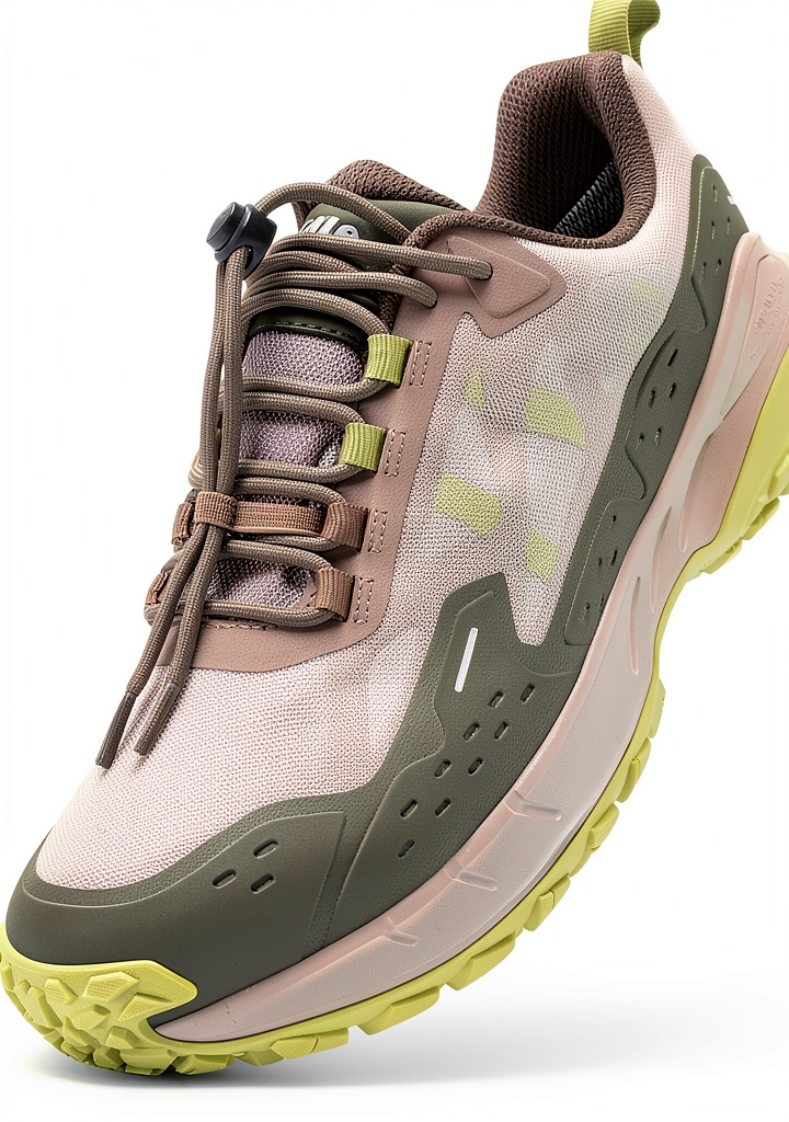 Pavo mens hiking shoes in Mocha Terra Green Fusion color on a trail